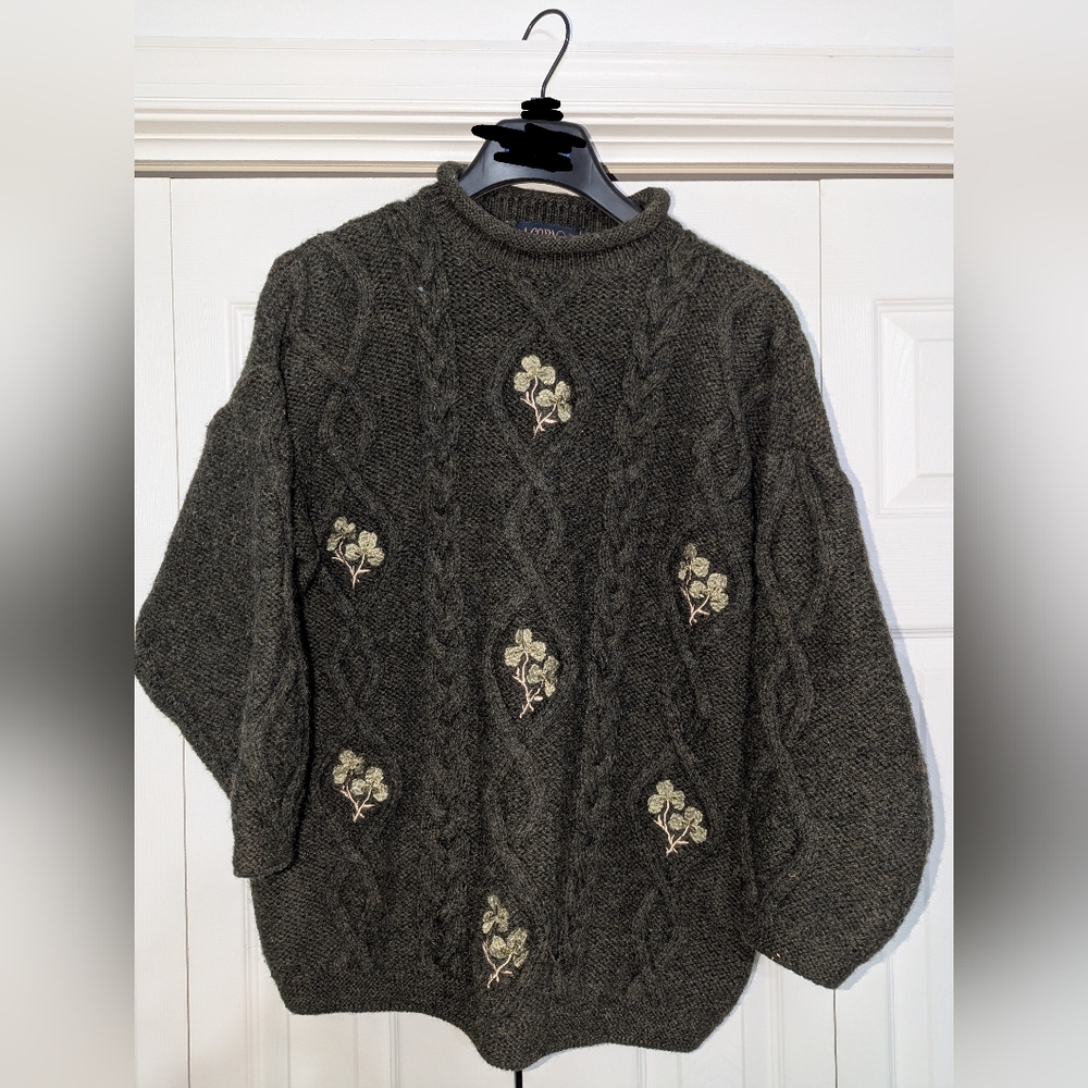 Acorn Charcoal Cable Knit Sweater with Floral Accents